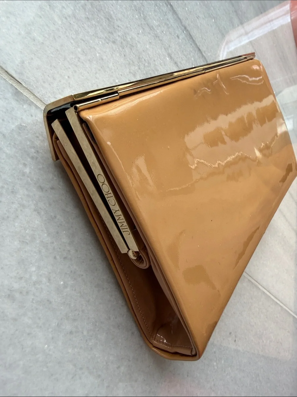 Jimmy Choo Tan Patent Leather Clutch with Gold Trim